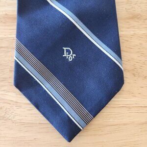 Vintage Christian Dior Silk Signature Logo Blue White Stripe Neck-Tie